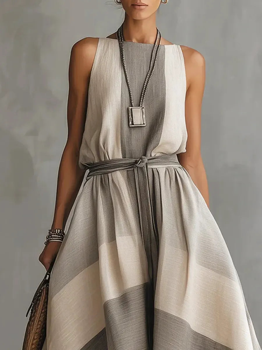 Women's Retro Striped Art Casual Stylish Cotton Linen Maxi Dress