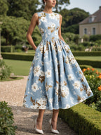 (SIZE:XS-XXL) Midi Linen Dress, Sleeveless, Round Neck, Floral, Pocket Design, Vintage, Blue