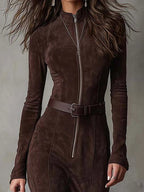 Vintage Brown Zipper Belted Maxi Dress（Includes belt）