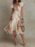 Elegant vintage floral satin midi dress