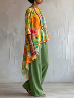 Retro Floral Print Cotton-linen Two-piece Set