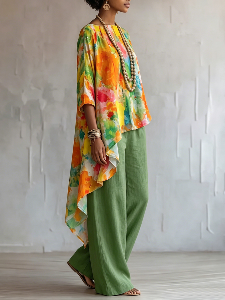 Retro Floral Print Cotton-linen Two-piece Set