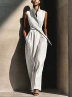 Elegant Collared Sleeveless Linen Cotton Jumpsuit