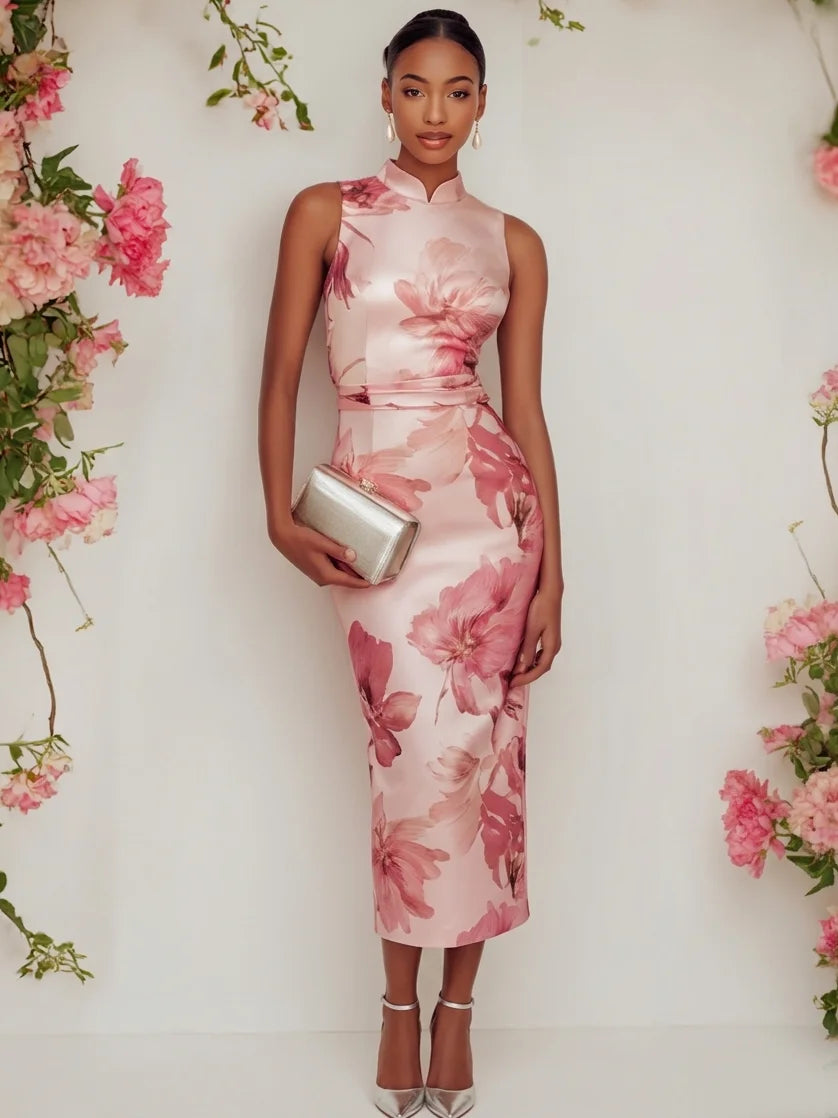 Pink Floral Satin Mock Neck Sleeveless Sheath Midi Dress