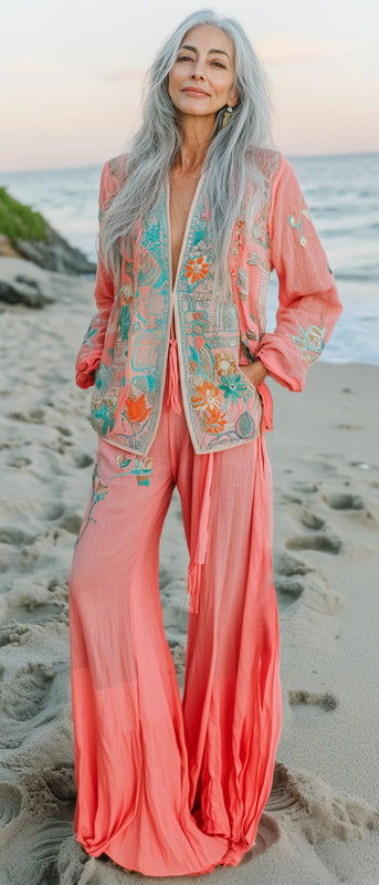 Vacation seaside elegant embroidery top + pant two piece set b534