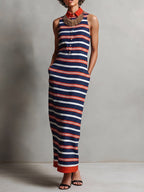 Women's Striped Print Sleeveless Casual Straight-cut Cotton-linen Dress With Shirt Collar
