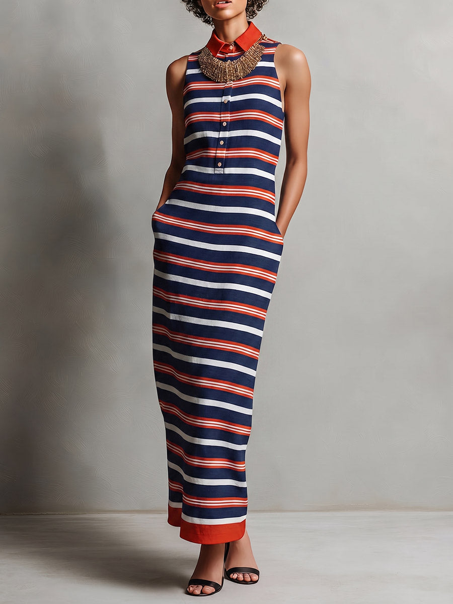 Women's Striped Print Sleeveless Casual Straight-cut Cotton-linen Dress With Shirt Collar