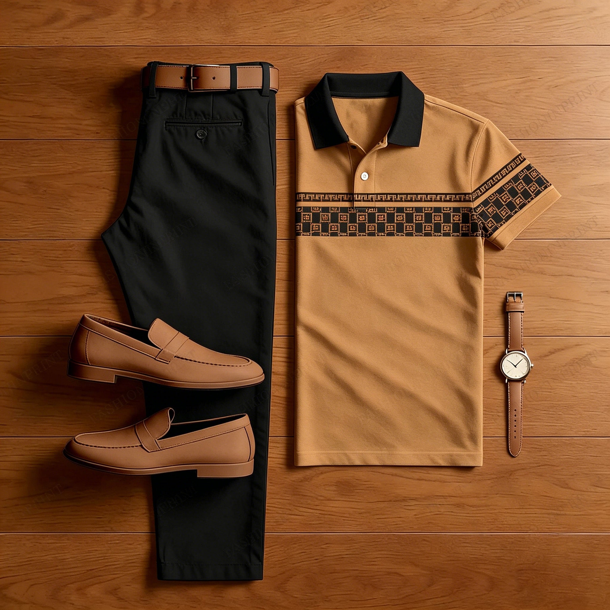Men's Casual Brown Plaid Printed Polo Shirt And Pants Two-Piece Set