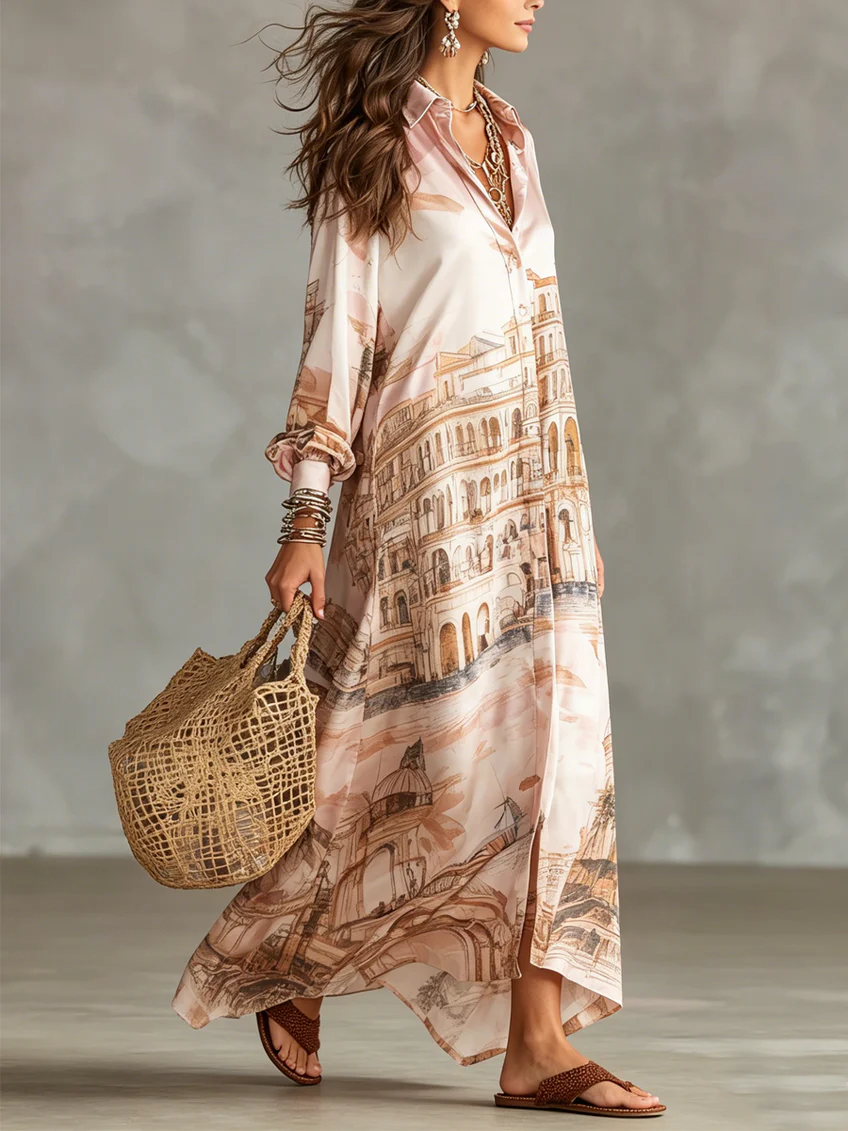 Pink Baroque Print Satin Shirt Maxi Dress