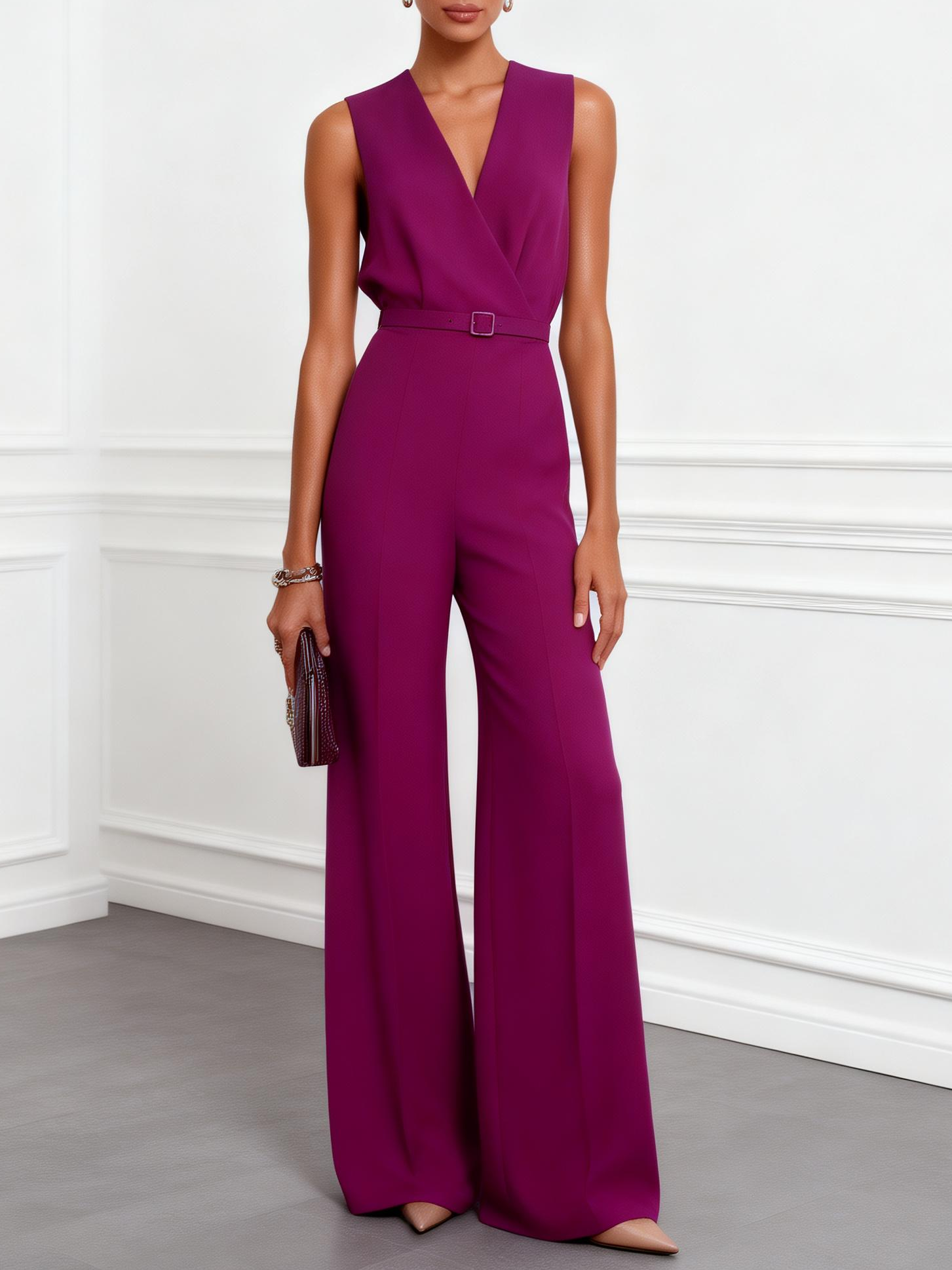Women Purple V Neck Sleeveless Dressy Jumpsuit