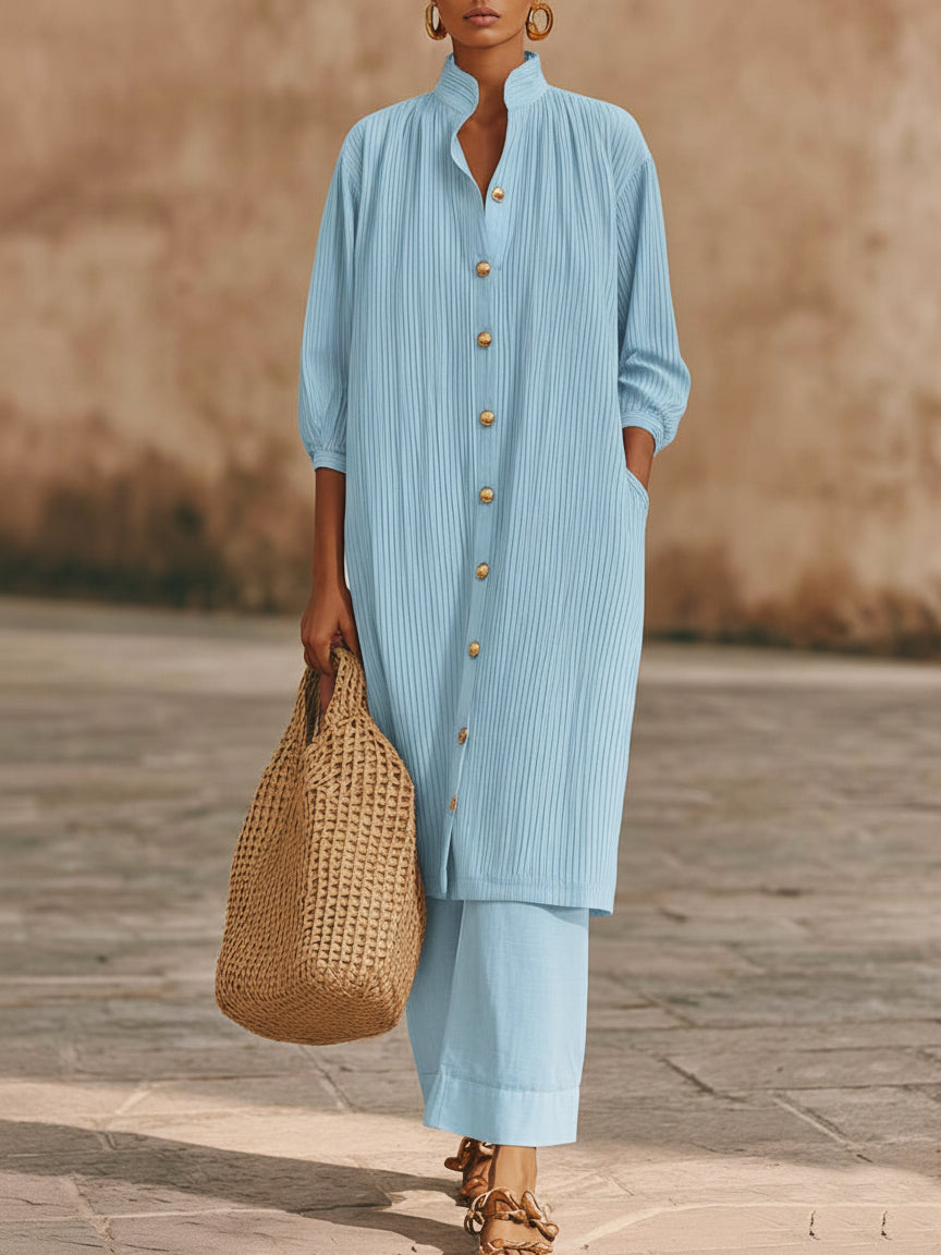 Elegant Metal Button Longline Shirt And Pants Set