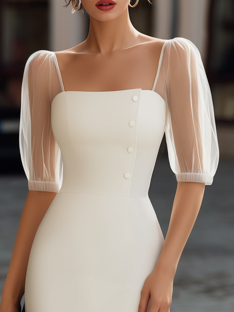 Sheer Sleeve Button-Detail Square-Neck Midi Dress