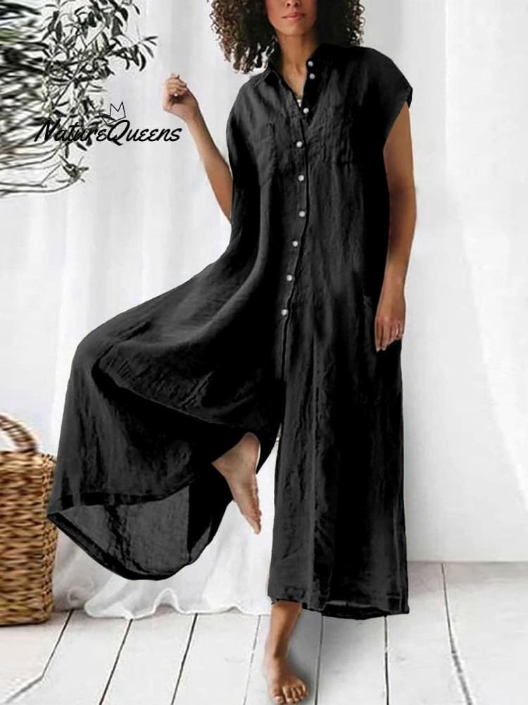 Women's Cotton And Linen Solid Color Short Sleeve Jumpsuit