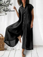 Women's Cotton And Linen Solid Color Short Sleeve Jumpsuit