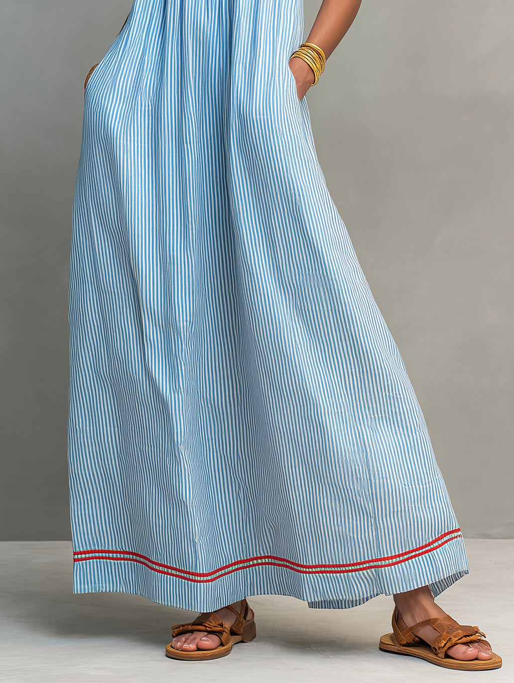 Minimalist Striped Maxi Dress with Red Piping and Thin Straps
