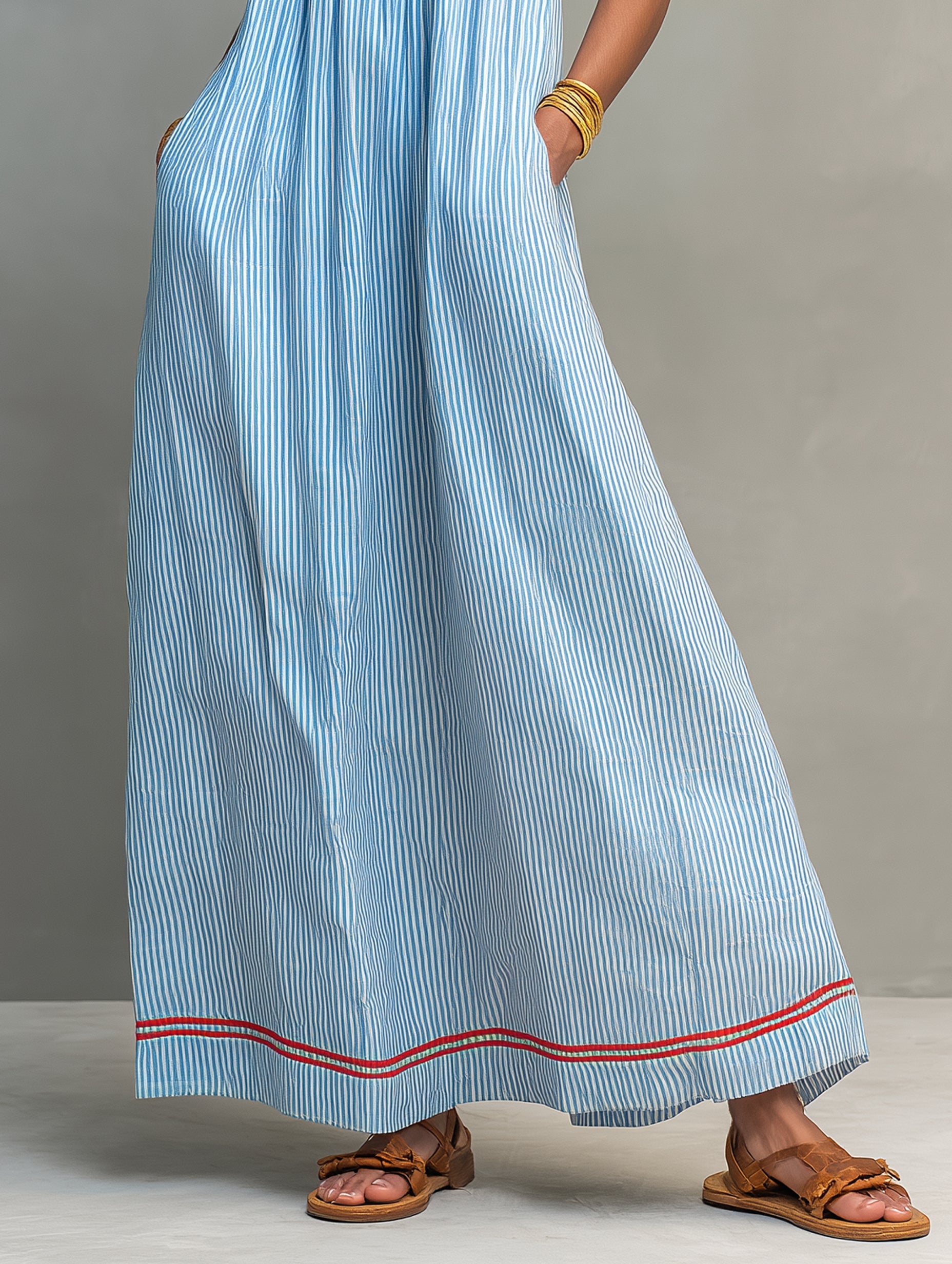 Minimalist Striped Maxi Dress with Red Piping and Thin Straps