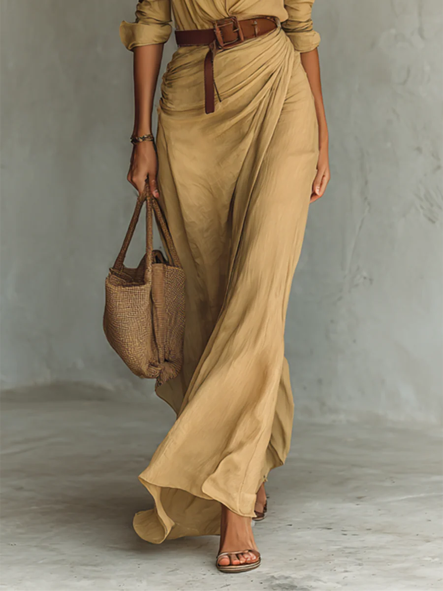 Ladies Lapel Long Sleeve Shirt Belted Maxi Dress