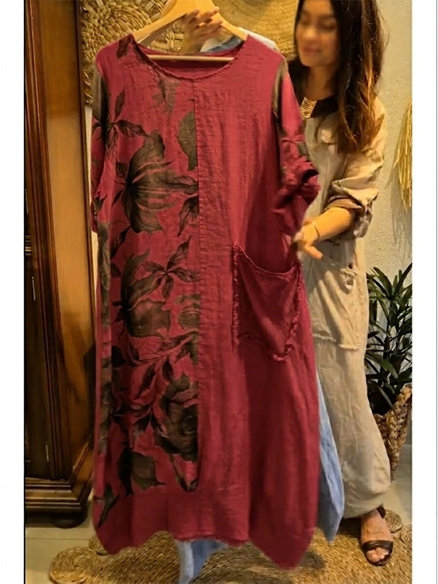 Loose-fitting Casual Floral Print Linen And Cotton Dress