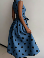 Elegant V-neck Polka Dot Print Denim Dress