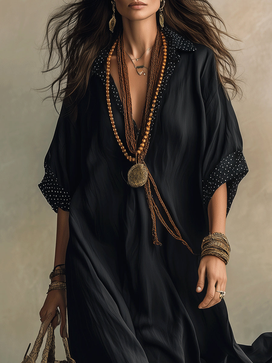 Black Polka Dot Color-blocked Loose-fitting Beach Shirt Maxi Dress