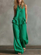 Women's Round Neck Sleeveless Casual Loose Cotton Top And High Waist Casual Loose Wide Leg Pants Set