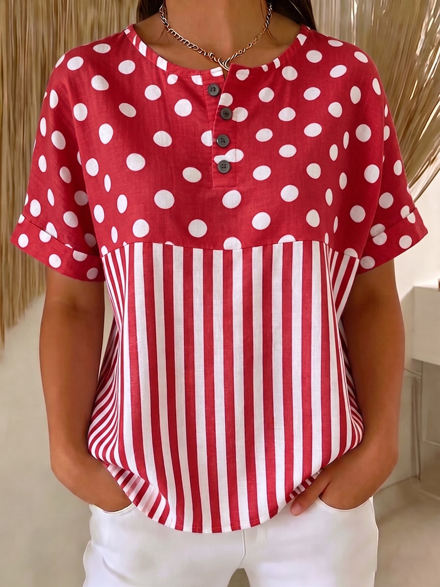Artistic Polka Dot & Stripe Cotton-linen Blouse