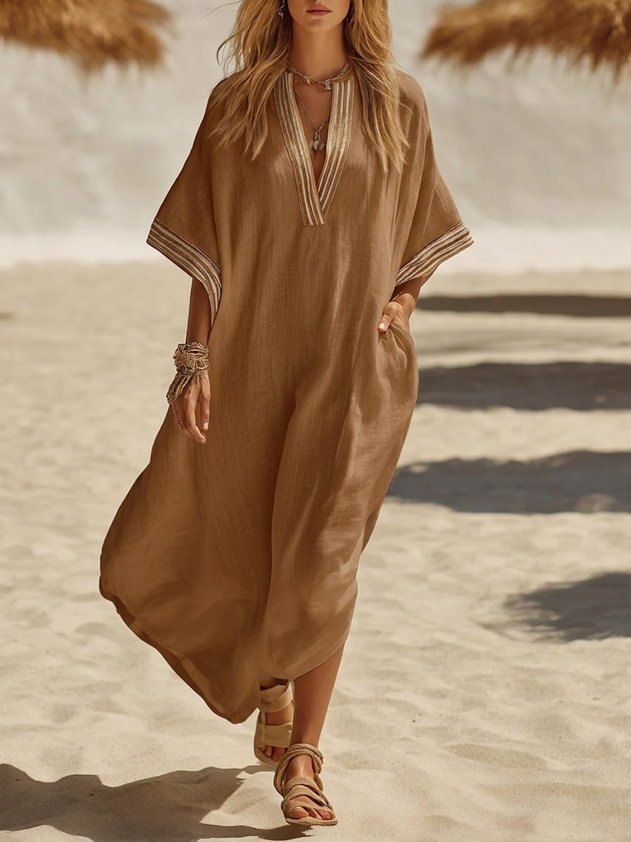 Loose-fitting, Casual Resort-style Linen And Cotton Dress