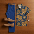 Men's Casual Royal Blue Printed Short-Sleeved Shirt And Trousers Two-Piece Set