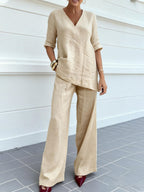 Women's Irregular Loose Solid Color Short-sleeve Wide-leg Pants Two-piece Set