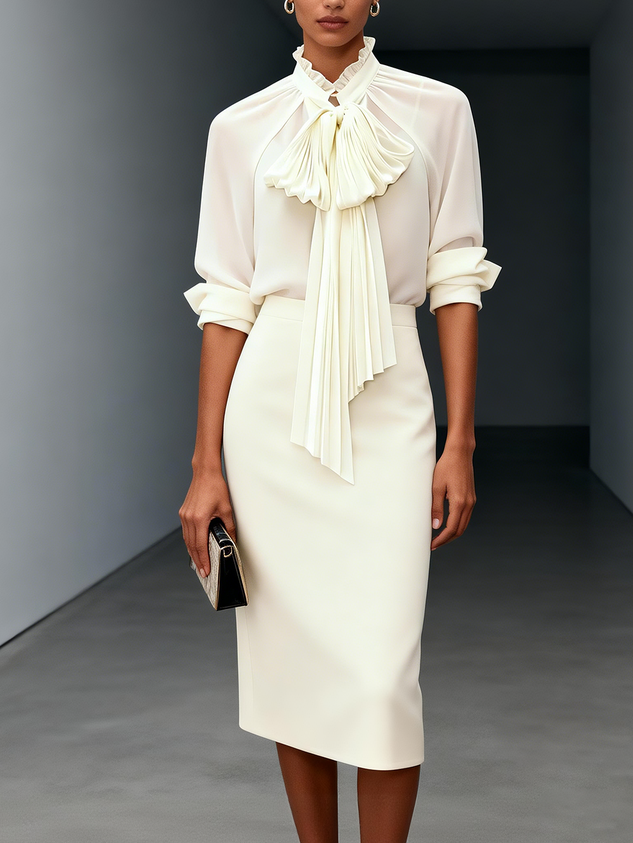 Women Beige Bow Pleated Tie Neck Sleeveless Elegant Top With Skirt Two-Piece Set