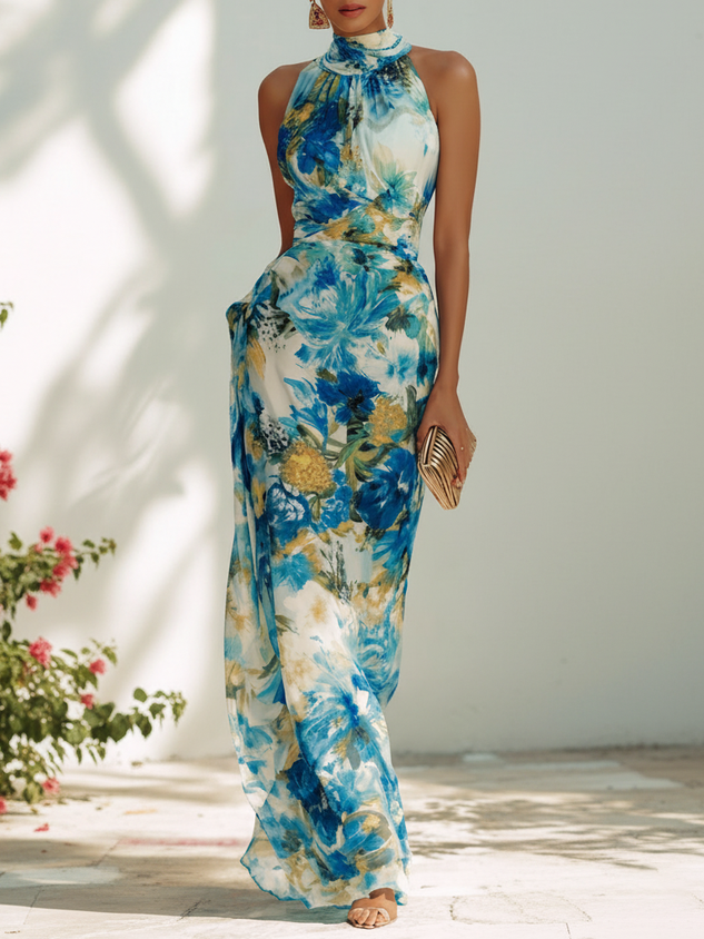 Red Floral Chiffon Halter Sleeveless Maxi Dress