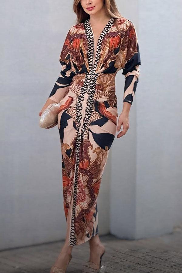 Unique Print Dolman Long Sleeve Ruched Slit Midi Dress