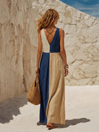 Color-block V-neck Sleeveless Cotton-linen Maxi Dress