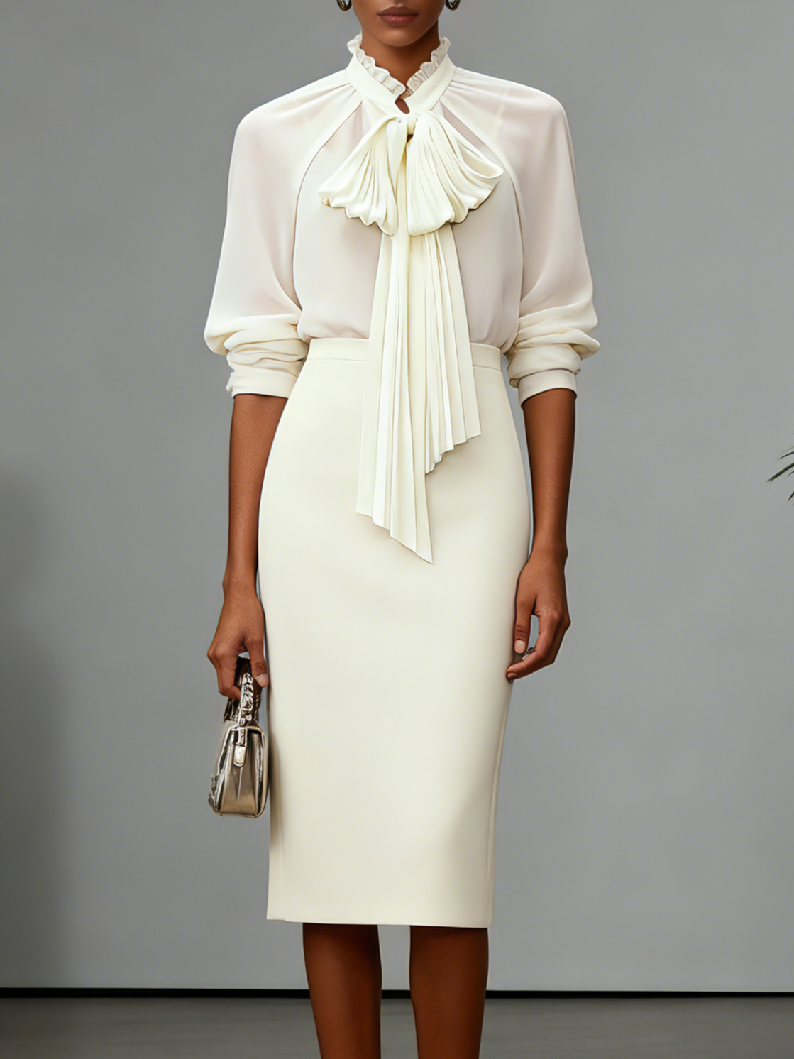 Women Beige Bow Pleated Tie Neck Sleeveless Elegant Top With Skirt Two-Piece Set
