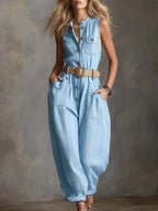 Women's Round Neck Sleeveless Casual Loose Denim Jumpsuit