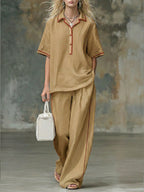 Casual Red-trimmed Short-sleeved Linen And Cotton Shirt And Trousers Two-piece Set