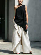 Women's Casual Cotton-linen Set: Off-shoulder Sleeveless Loose-fit Top & High-waisted Wide-leg Pants