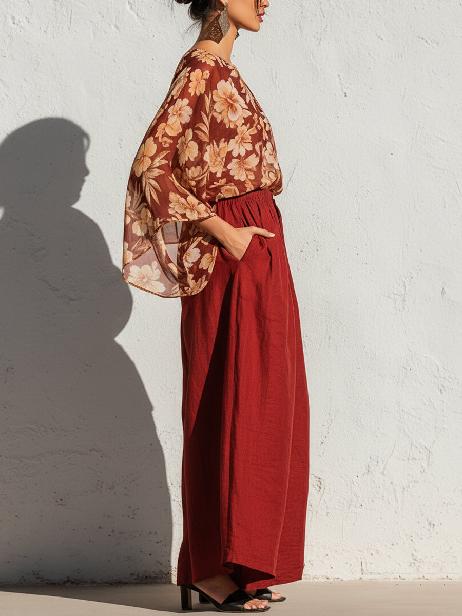 Elegant Chiffon Printed Top And Wide-Leg Pants Set