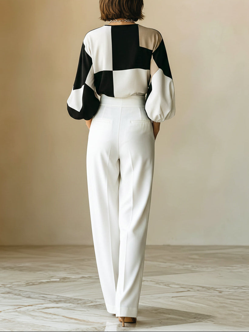 Commuter Color Block Long-Sleeved Top And Straight Leg Pants Set