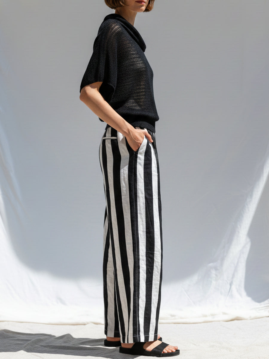Casual And Cozy Two-piece Set: Knitted Top And Striped Linen-cotton Trousers