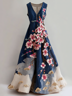 Women's Vintage Japanese Cherry Blossom And Fan Leaf Linen Dress
