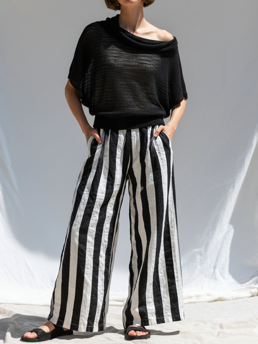 Casual And Cozy Two-piece Set: Knitted Top And Striped Linen-cotton Trousers