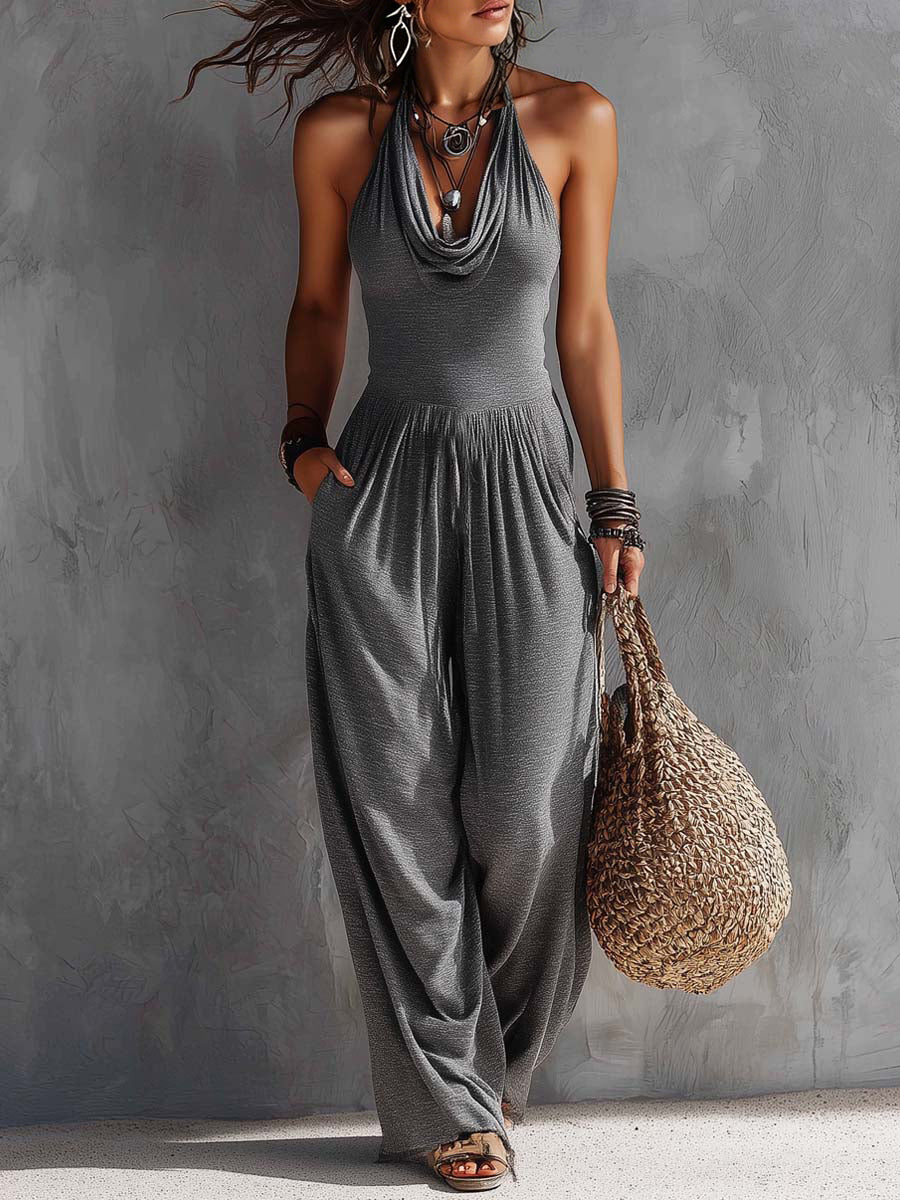 Women's Halter-neck Cotton Jumpsuit With Draped Neckline