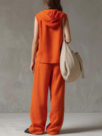 Women's Solid Color Sleeveless Casual Loose Hooded Top and High-Waisted Wide-Leg Cotton Set