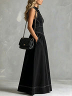 A-Line High Waisted Zipper Stand Collar Maxi Dresses