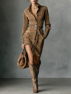 Suede Single Breasted Lapel Long Sleeve Midi Dress（Includes belt）