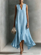 Women's V-neck Sleeveless Casual Loose Linen Dress