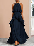 Halter Neck Asymmetric Layered Ruffle Maxi Dress