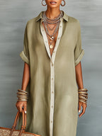Olive Green Minimalist Patchwork Short-sleeved Shirt Maxi Dress