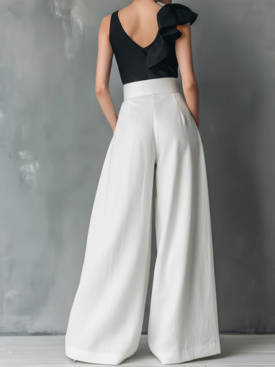 Women's Solid Color High-waisted Casual Loose Cotton Wide-leg Pants